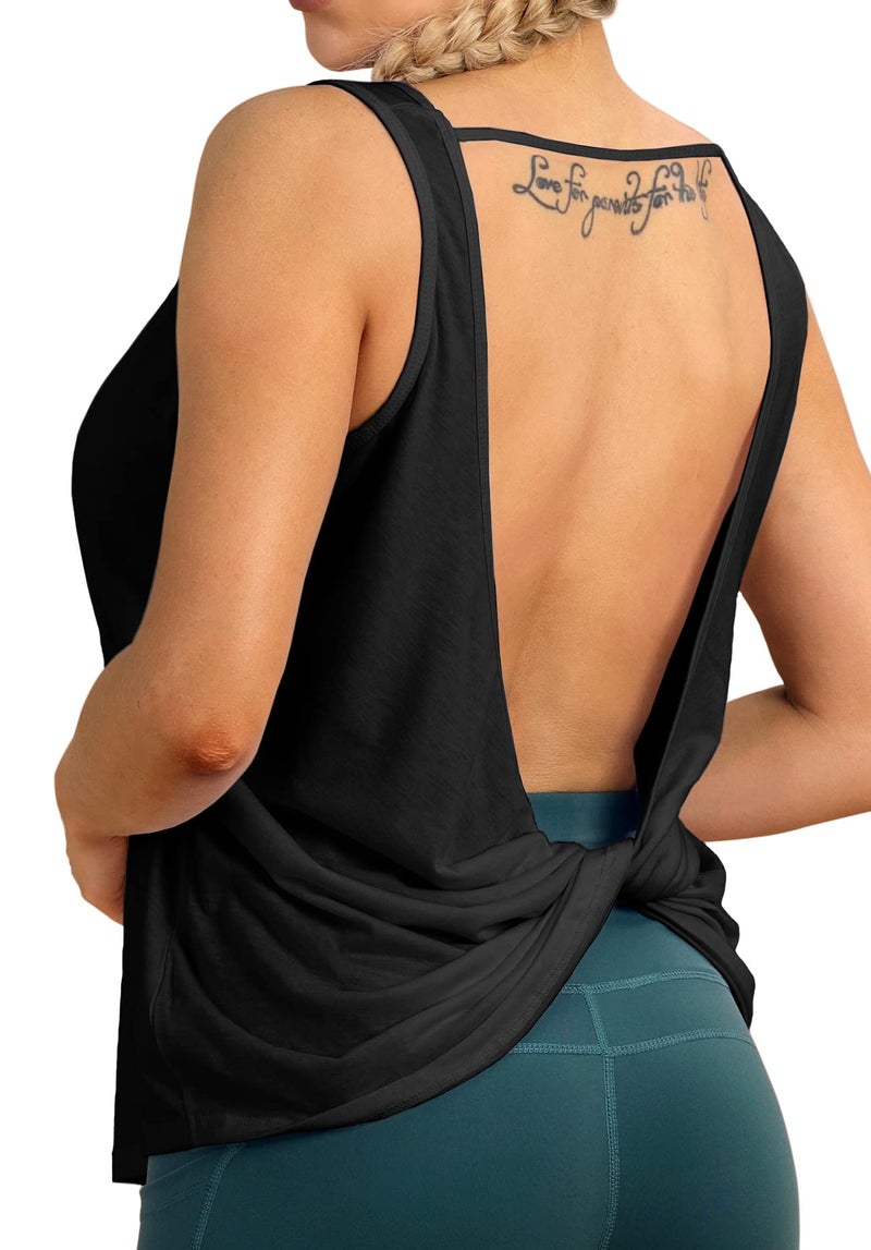 icyzone Workout Tank Tops for Women - Open Back Strappy Athletic Tanks, Yoga Tops, Gym Shirts (L, Black) - Image 1